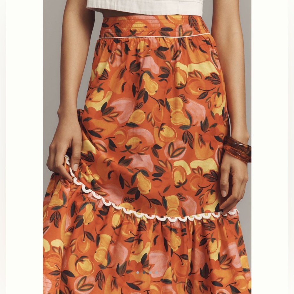 🍊FARM Rio Tiered Midi Skirt Flare Hem New XL Printed Orange Fruit Anthropologie - Picture 2 of 15